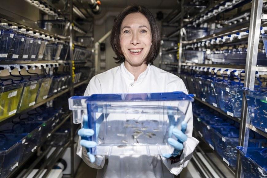 Mataleena Parikka is holding an aquarium with small fish in her hands. She is wearing a white coat.