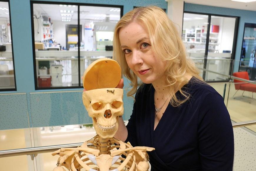Kirsi Rautajoki stands next to a skeleton and opens its skull.